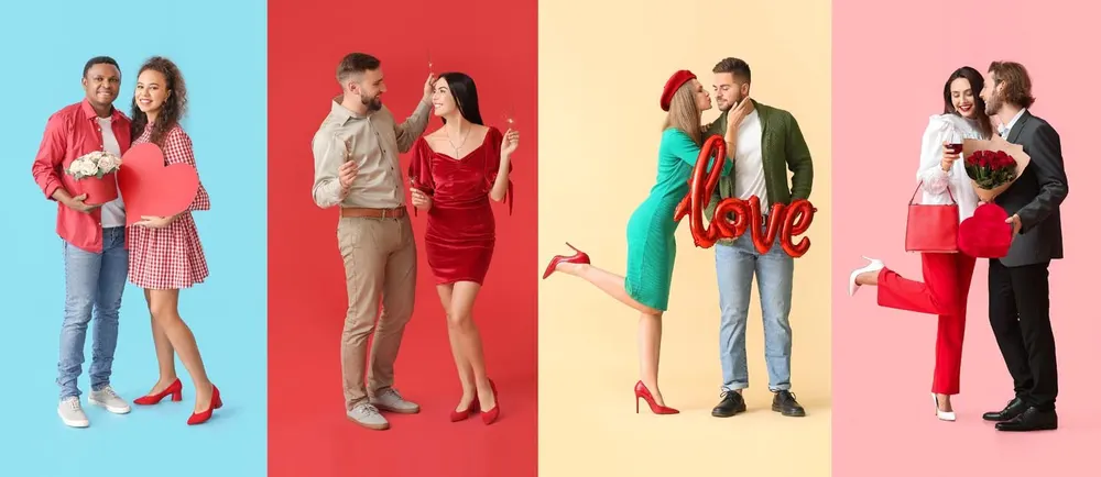 Collage of pairs posing with flowers and Valentine’s decorations