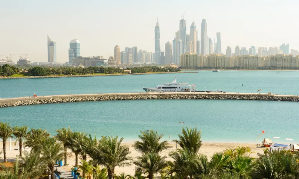 Lungomare di Dubai e skyline oltre le palme