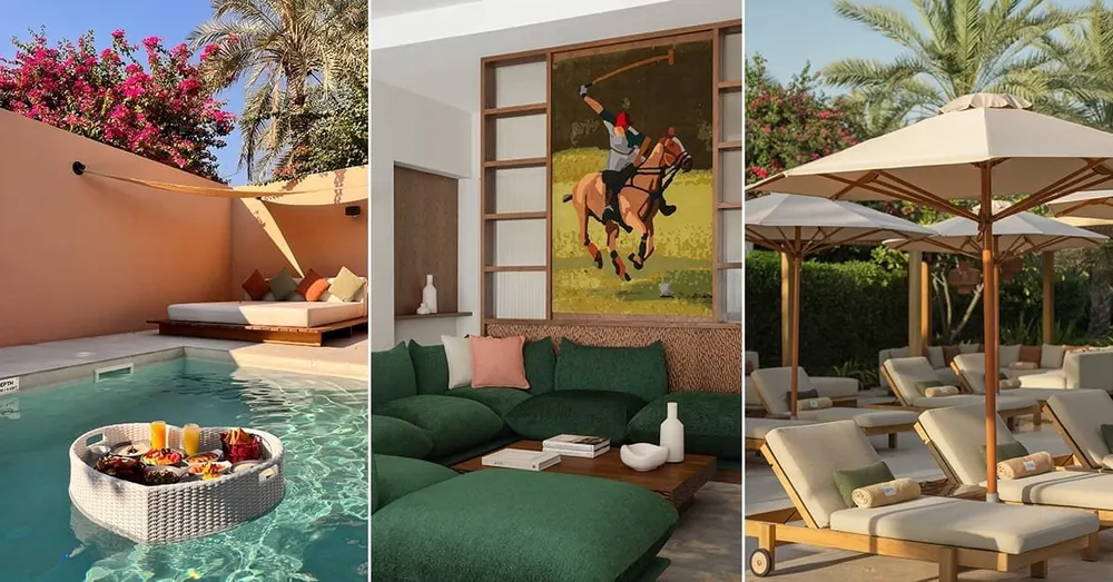 Collage d’une piscine, d’un salon de jardin et d’une terrasse ombragée