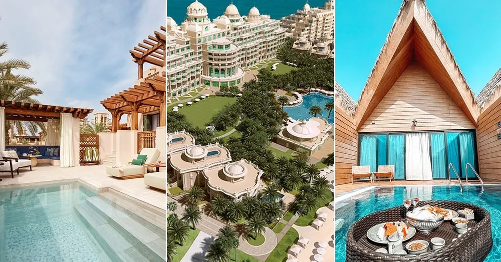Collage de piscinas y una villa con tejado a dos aguas