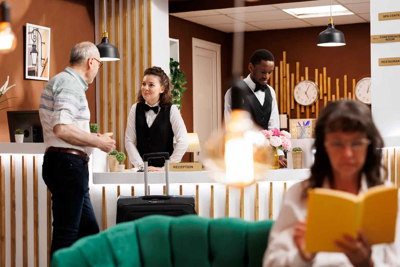 Guests and reception staff in a hotel lobby