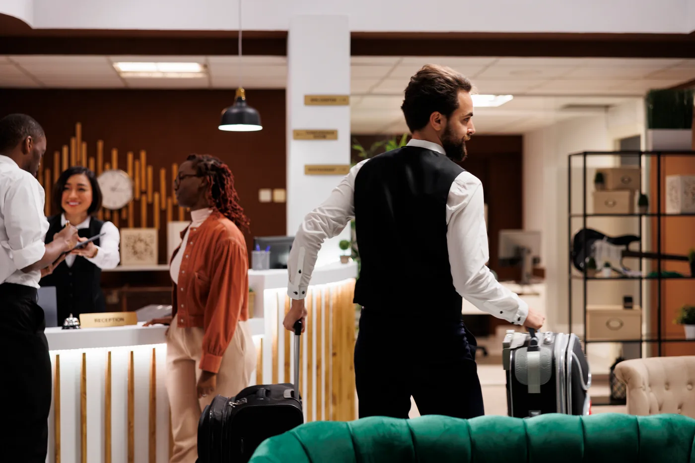 Personale d’albergo che aiuta gli ospiti con i bagagli alla reception