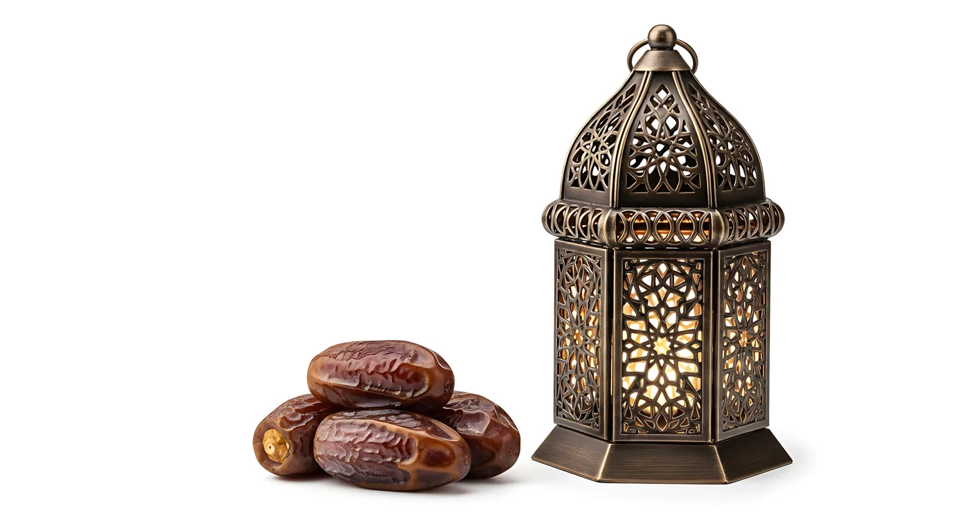 Decorative lantern beside a plate of dates