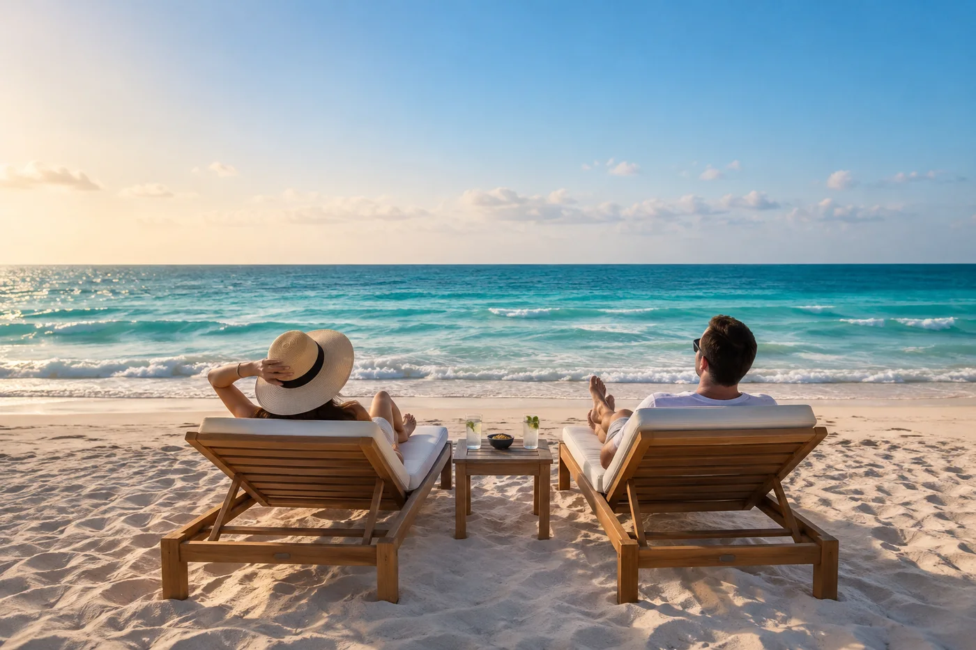 Illustration: Two travellers on loungers facing a sandy beach and turquoise sea
