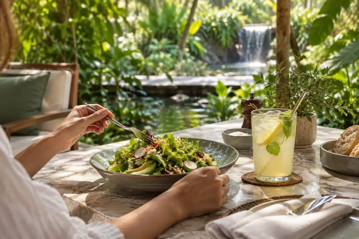 Illustration : Salade et limonade sur une table ombragée près d’un bassin de jardin