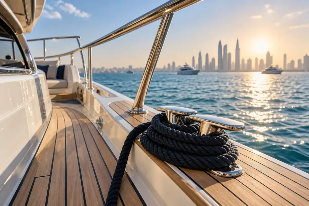 Illustration: Yacht deck with coiled rope and a city skyline across the water