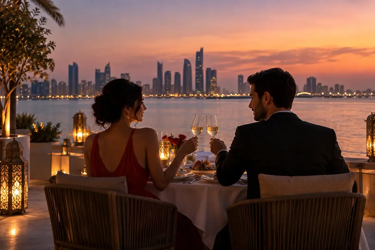 Illustration: Two diners at a waterfront table at sunset