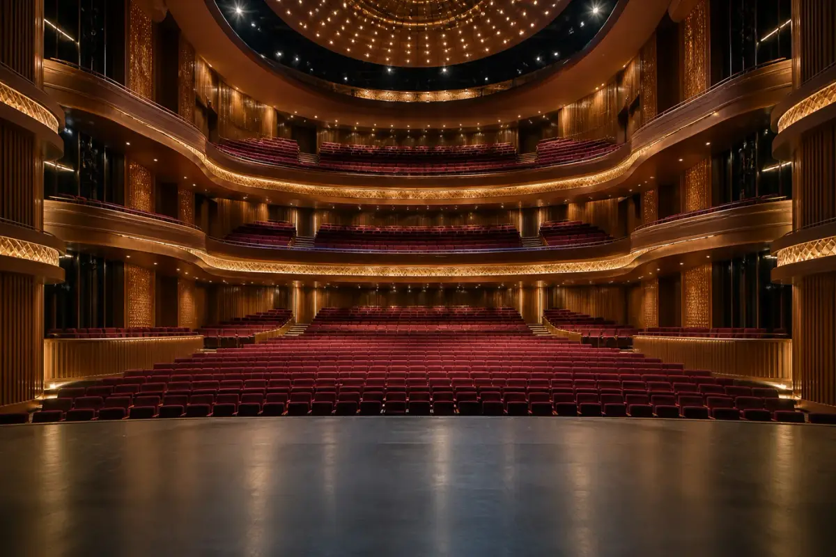 Illustration: Empty theatre auditorium with red seats and illuminated balconies