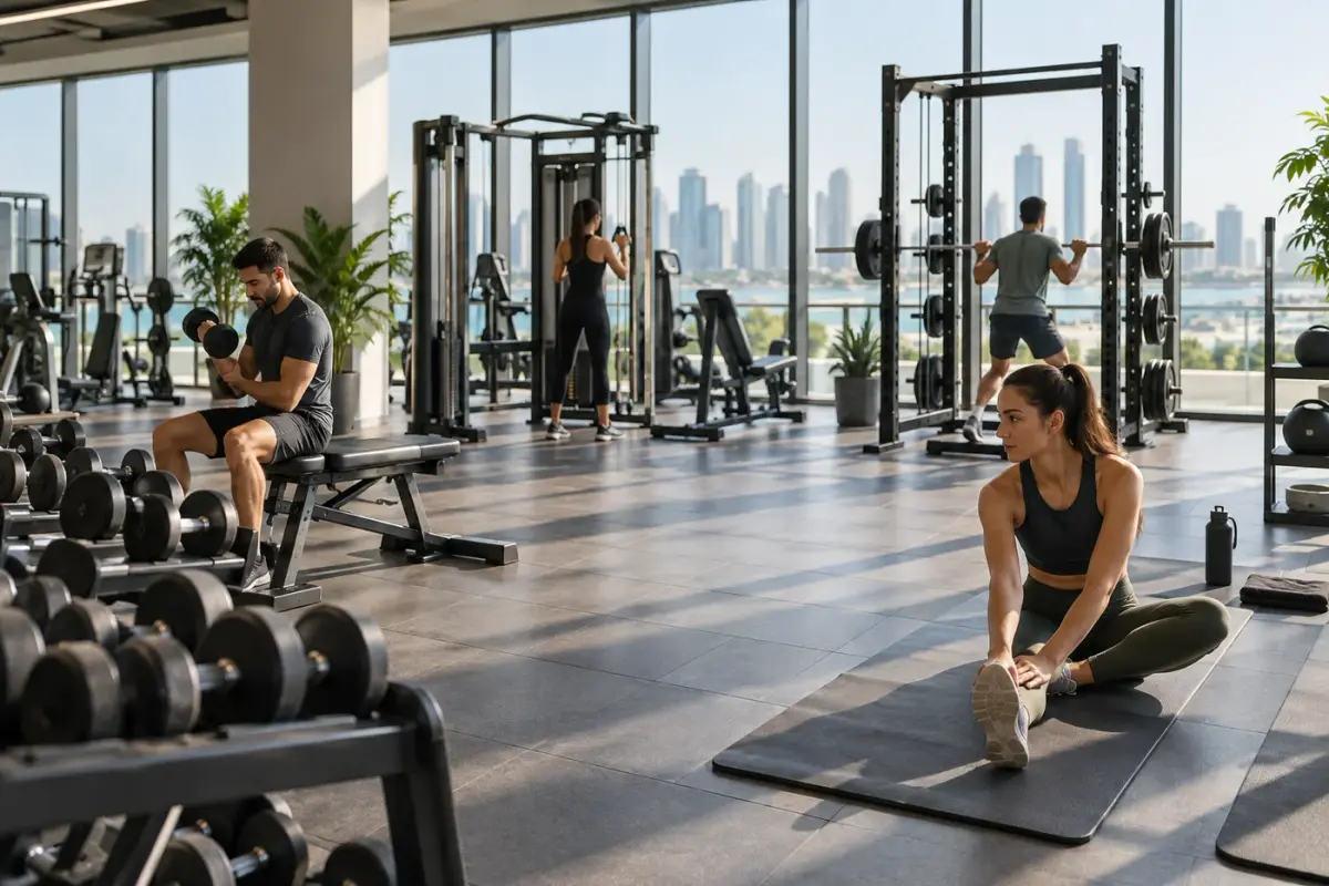 Illustration: Gym with weights, exercise machines and a person stretching on a mat