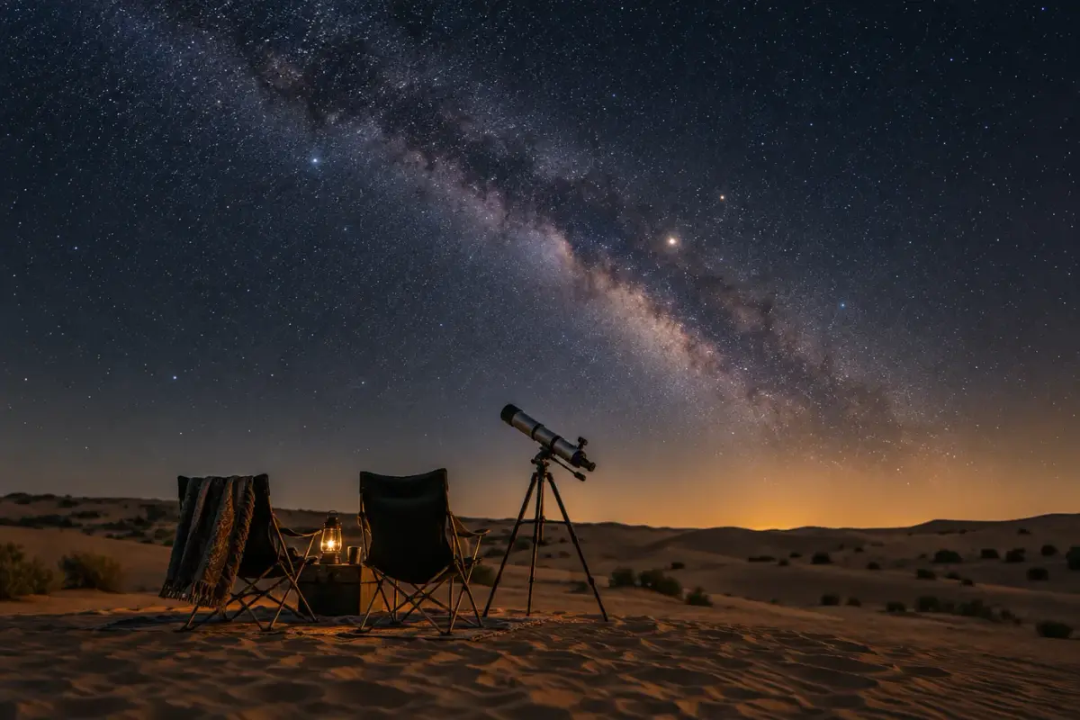 Illustration : Télescope et chaises de camping sous un ciel désertique étoilé