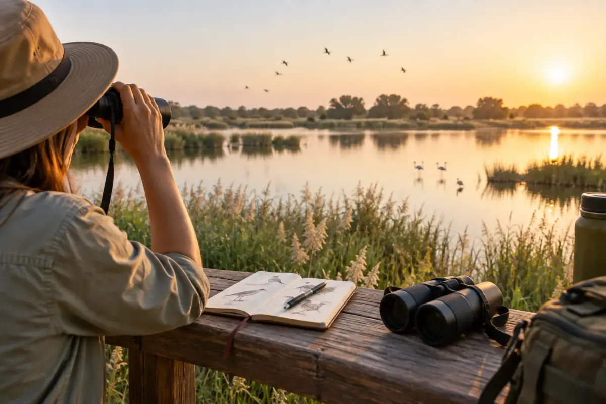 Illustration : Observatrice d’oiseaux au bord d’un lac avec jumelles et carnet de terrain