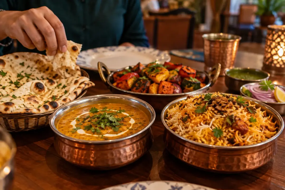 Illustration : Repas indien avec naan, riz et currys dans des bols en cuivre
