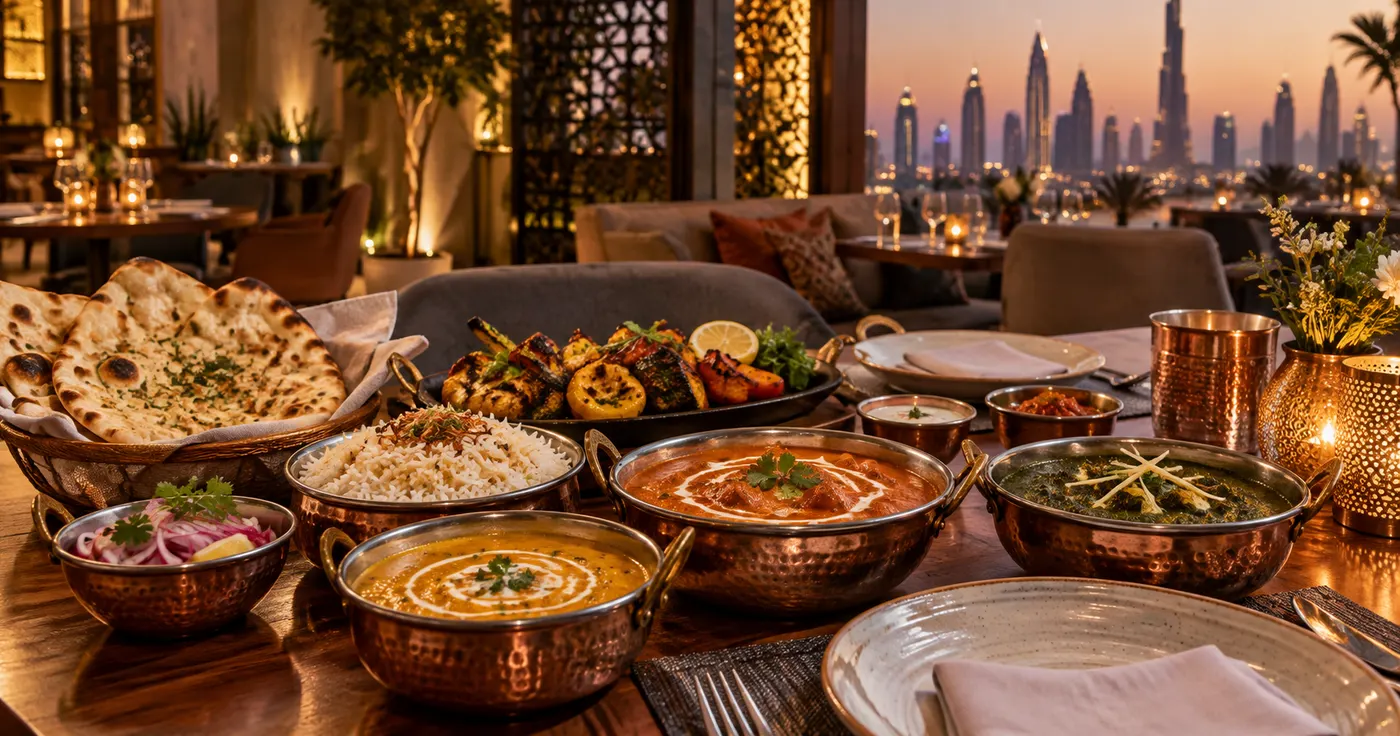 Illustration : Plats indiens servis dans des bols en cuivre dans un restaurant chaleureux à Dubaï