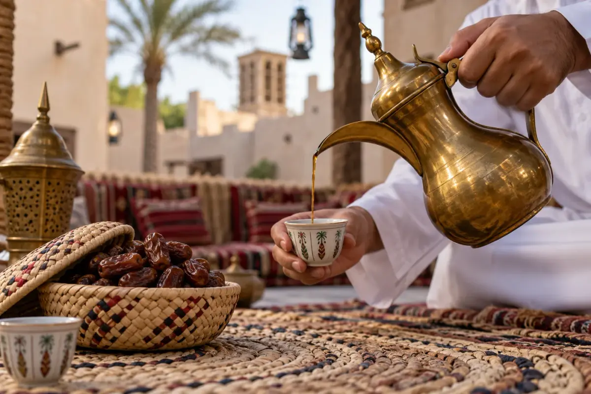 Illustration : Café arabe versé d’une dallah en laiton près d’un panier de dattes