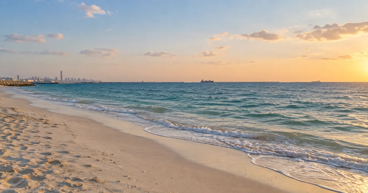 Illustration : Plage de sable calme et eaux du Golfe sur la côte de Jebel Ali à Dubaï