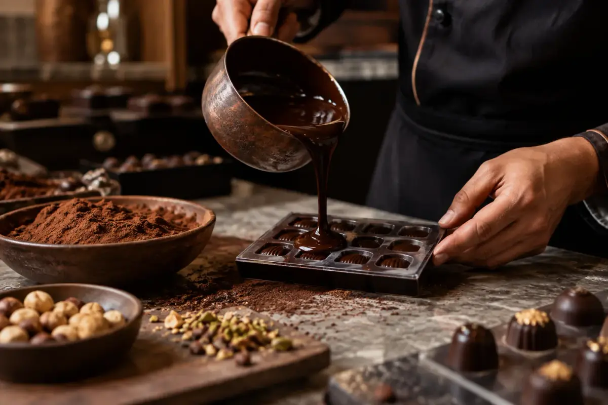 Illustrazione: Cioccolatiere che versa cioccolato fuso in uno stampo