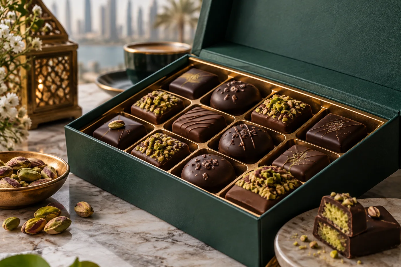 Illustration : Coffret cadeau vert rempli de chocolats assortis et de pistaches