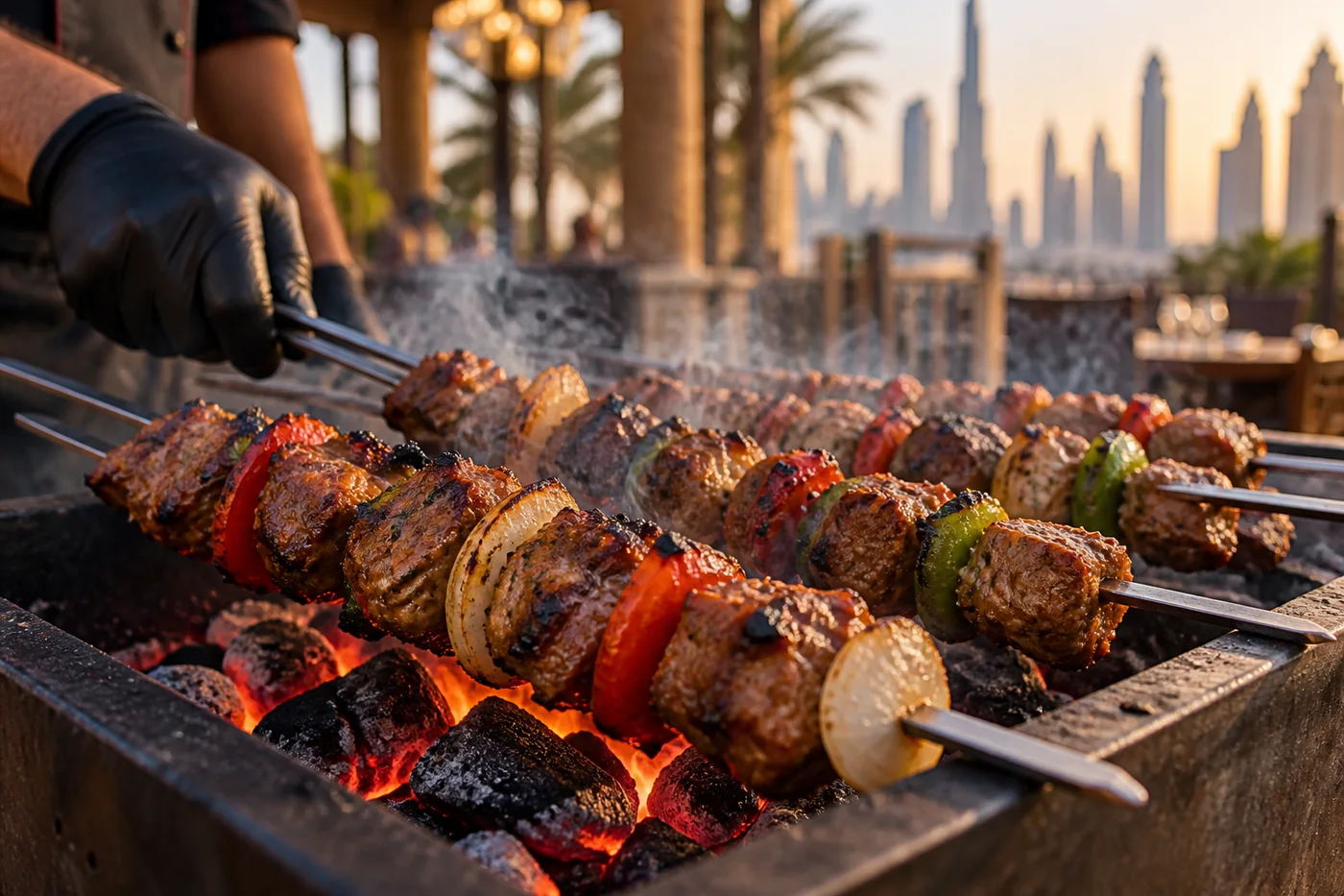 Illustration : Brochettes de kebab avec poivrons et oignons grillant au charbon