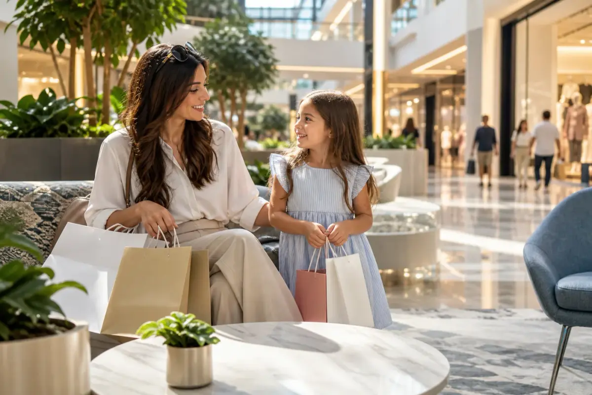 Illustration : Une adulte et une enfant avec des sacs dans un espace de repos de centre commercial