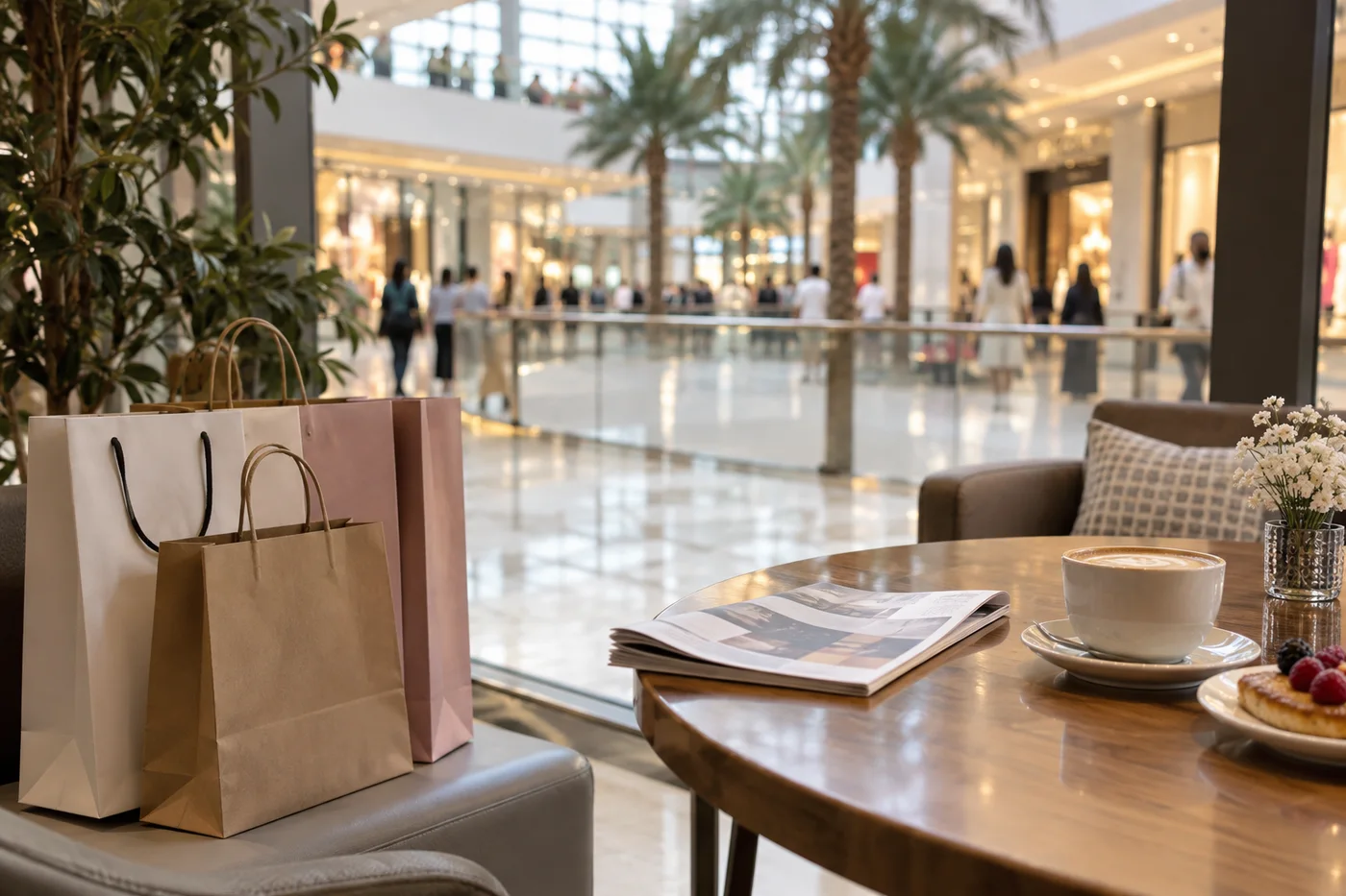 Illustration : Sacs de shopping près d’une table de café dans un centre commercial lumineux
