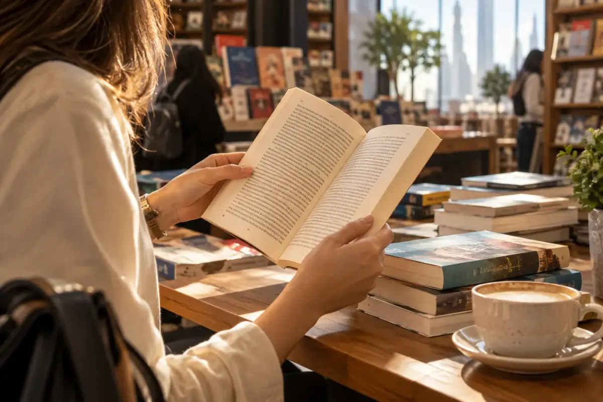 رسم توضيحي: قارئة تحمل كتاباً مفتوحاً بجانب كومة كتب وقهوة