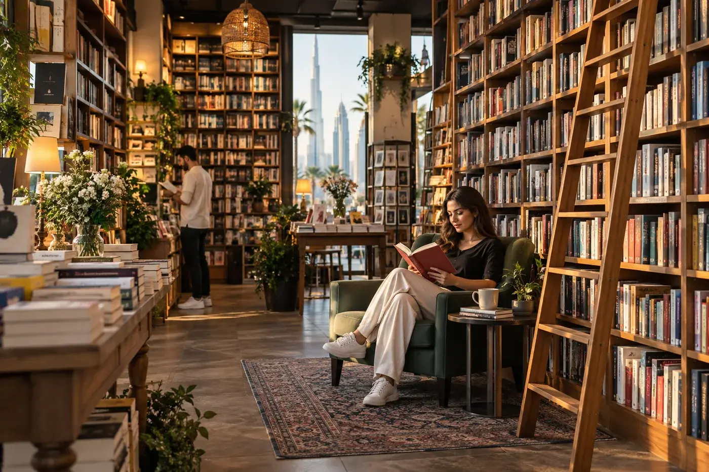 Illustration : Librairie avec hautes étagères, échelle en bois et fauteuil de lecture