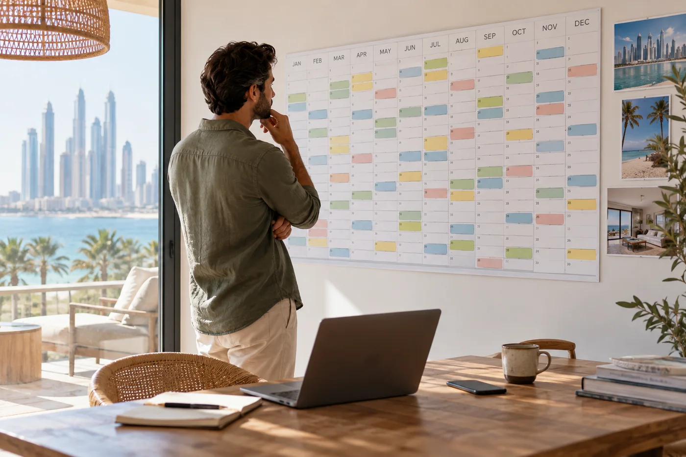 Illustration : Personne examinant un planning mural avec des blocs de réservation colorés