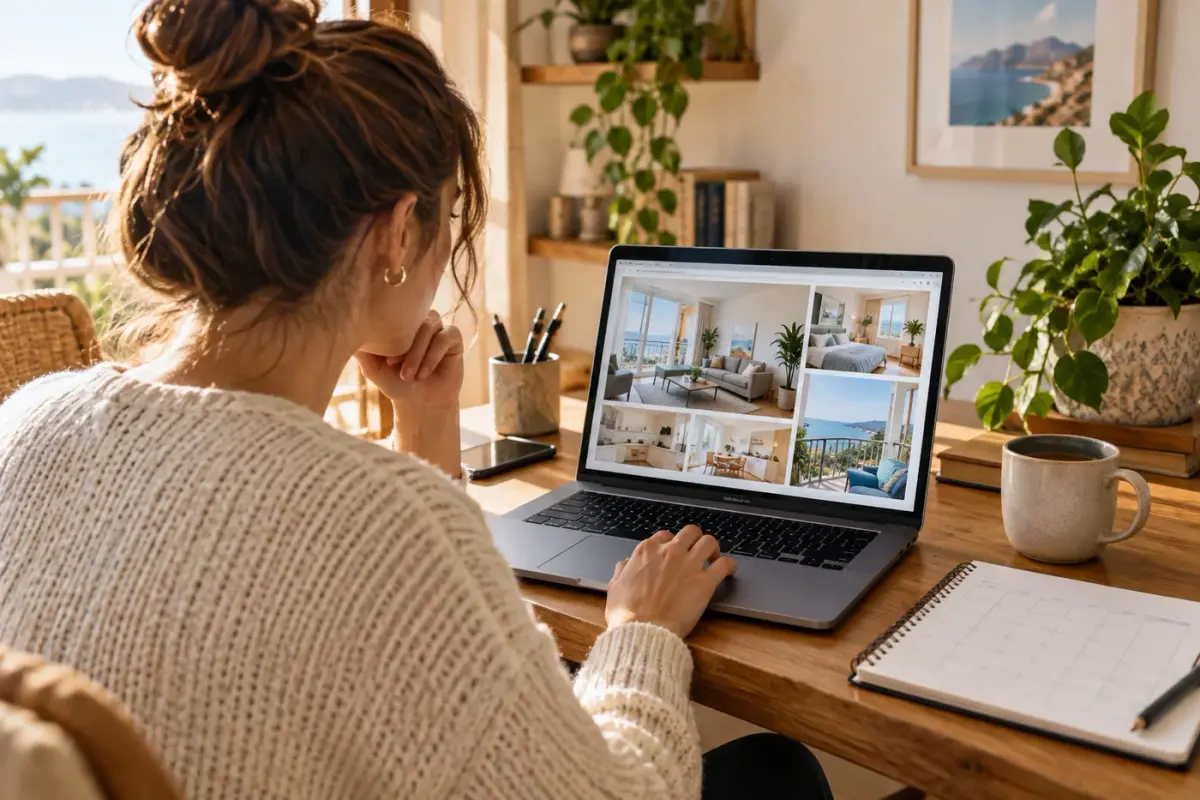 Illustration : Personne examinant des photos d’annonce d’appartement sur un ordinateur portable