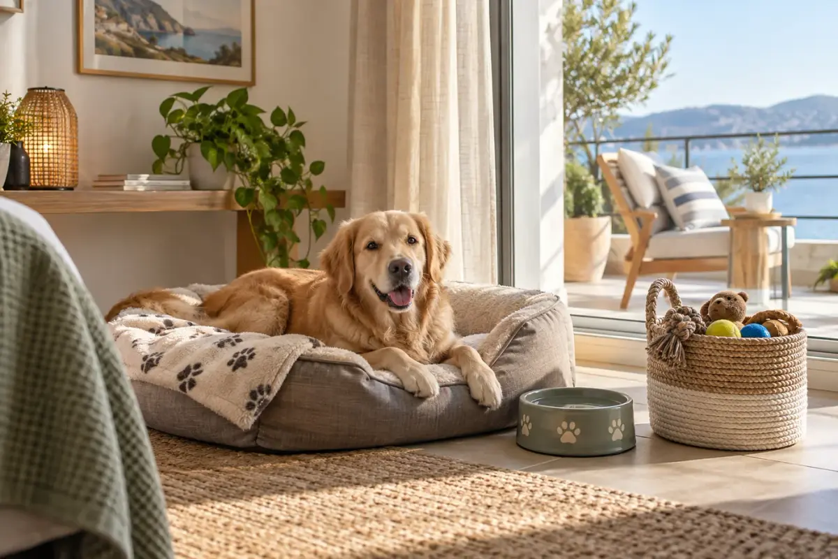 Illustration : Golden retriever sur son couchage près d’une gamelle d’eau et d’un panier de jouets