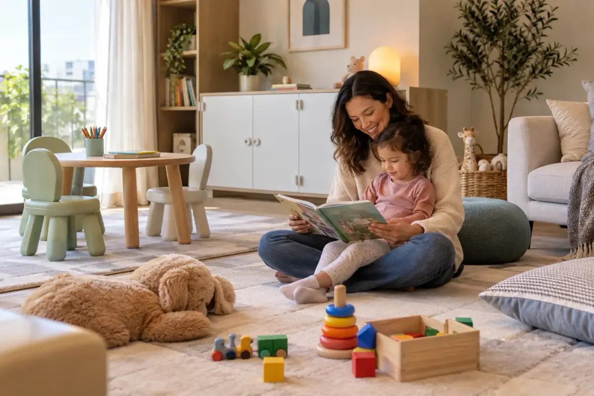 Illustration : Une adulte lisant avec une enfant sur un tapis de jeu près de jouets