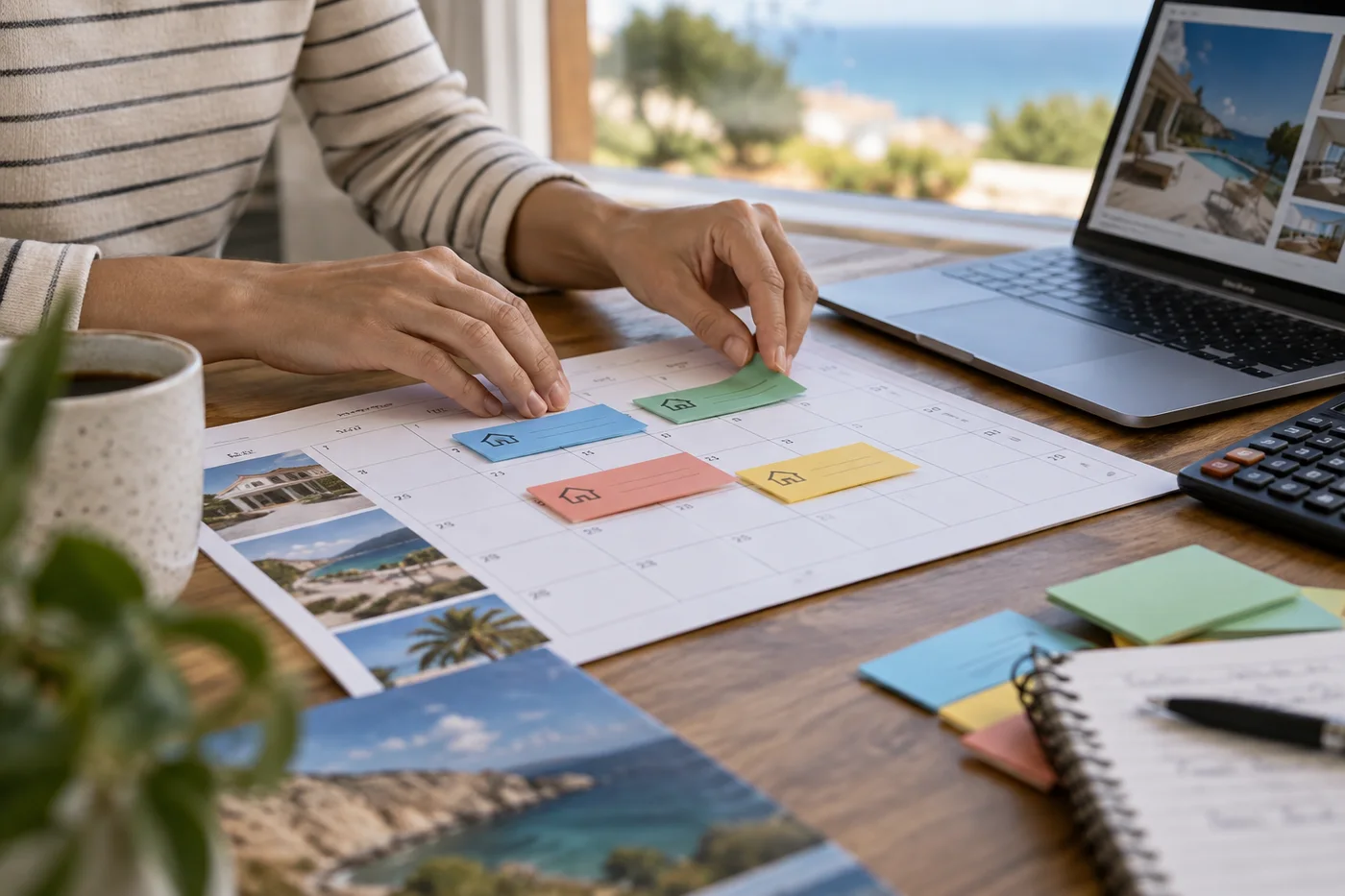 Illustrazione: Mani che dispongono note colorate su un calendario accanto a portatile e calcolatrice