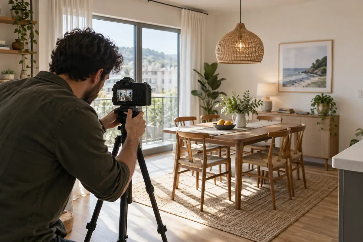 Ilustración: Fotógrafo encuadrando un comedor con una cámara sobre trípode