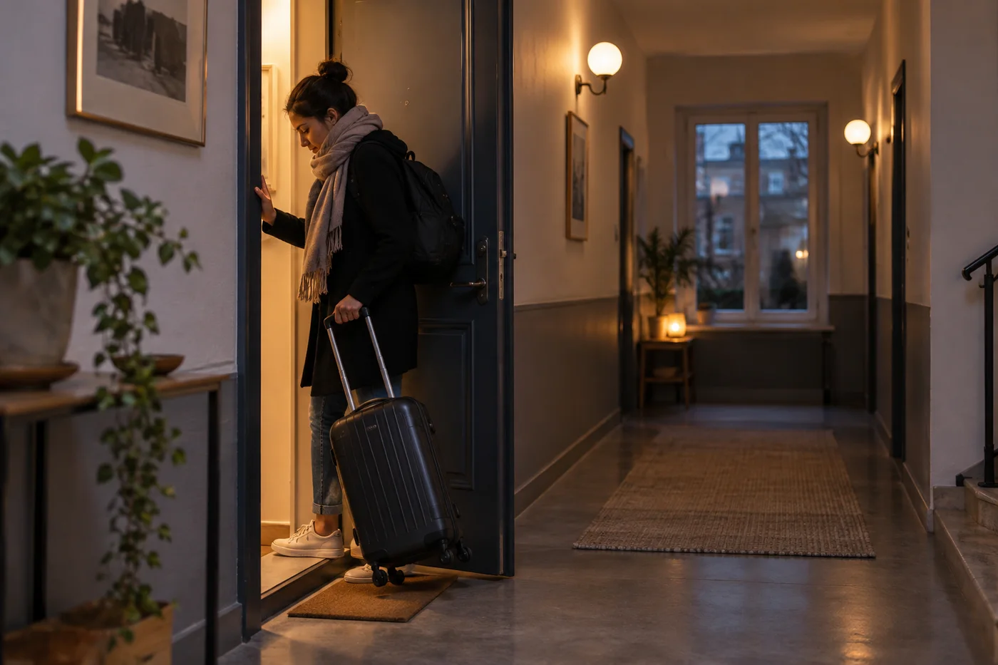 Illustration: Reisende mit Koffer betritt eine Wohnung vom gemeinsamen Flur aus