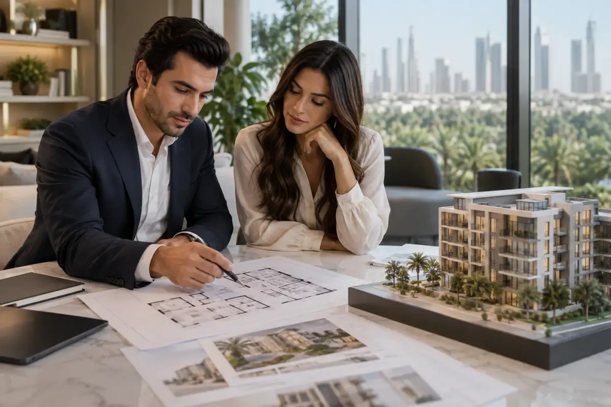 Ilustración: Dos personas revisando planos junto a una maqueta de edificio