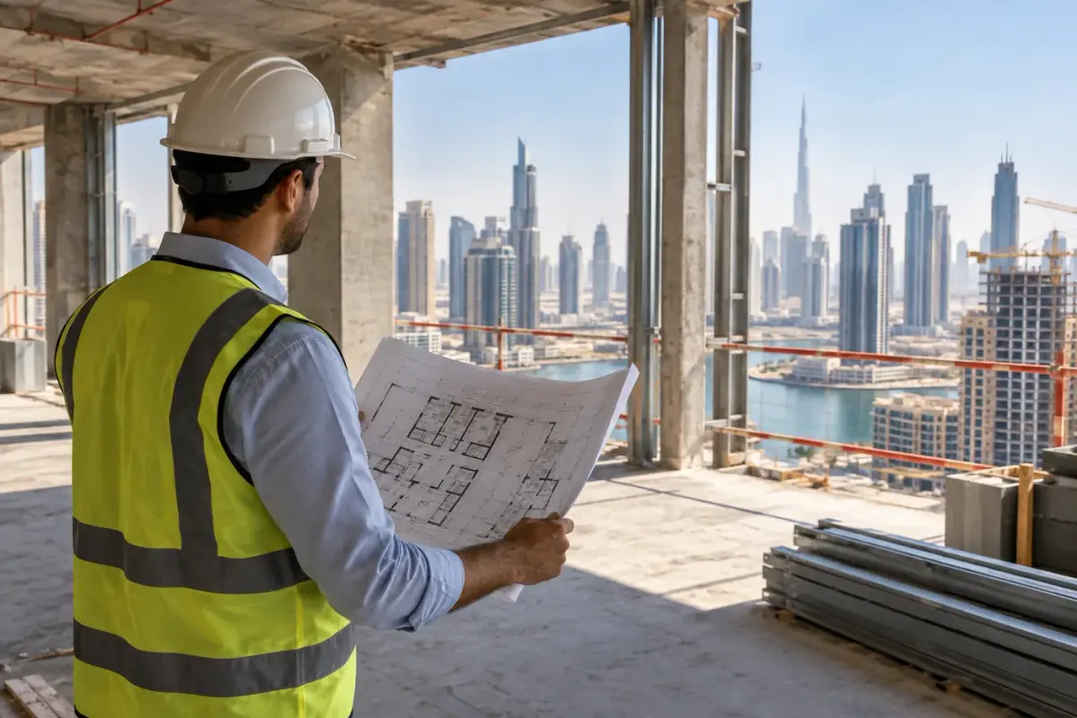 Illustration : Ingénieur casqué examinant des plans dans une tour en construction