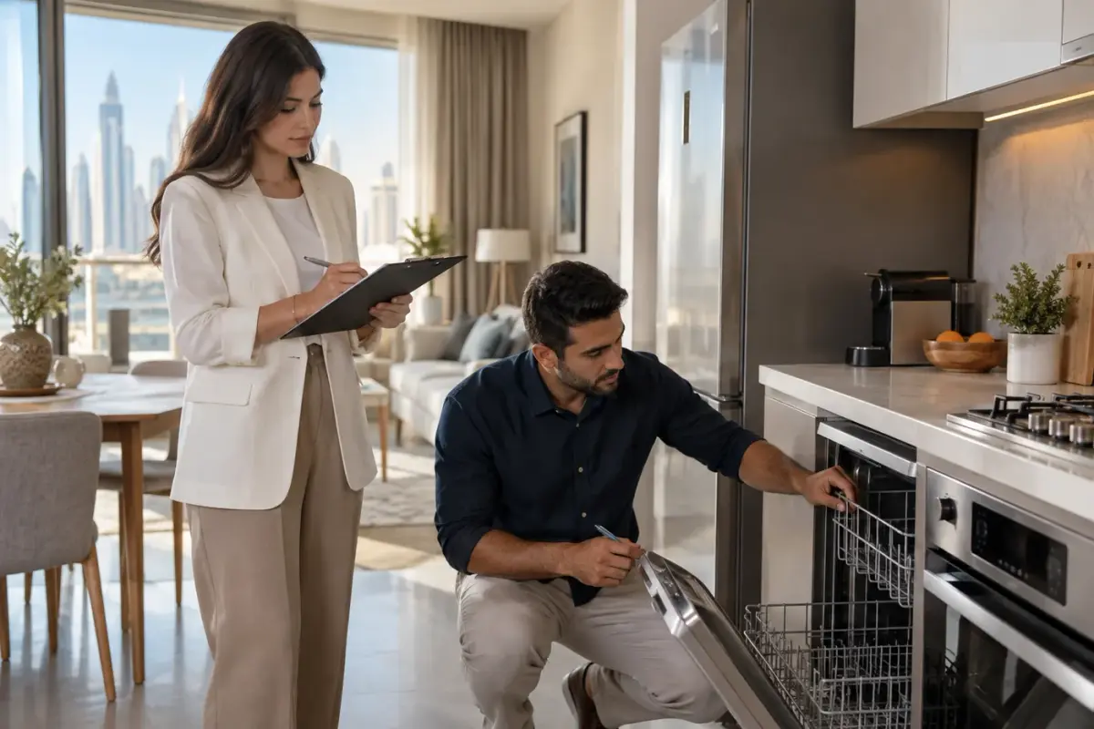 Illustration: Two people checking a dishwasher and recording notes in an apartment