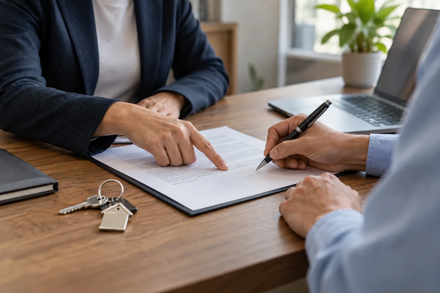 Illustration : Mains signant un document près de clés d’appartement