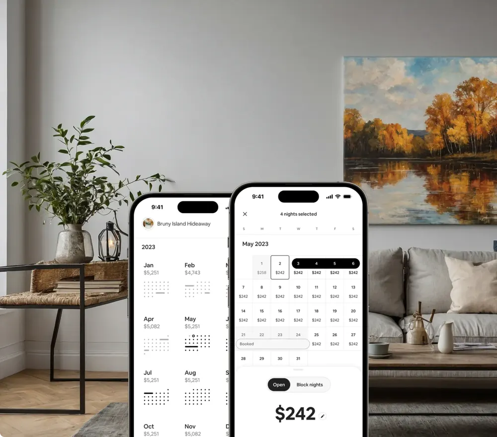 Due schermi di telefono con calendario prenotazioni e prezzi di affitto