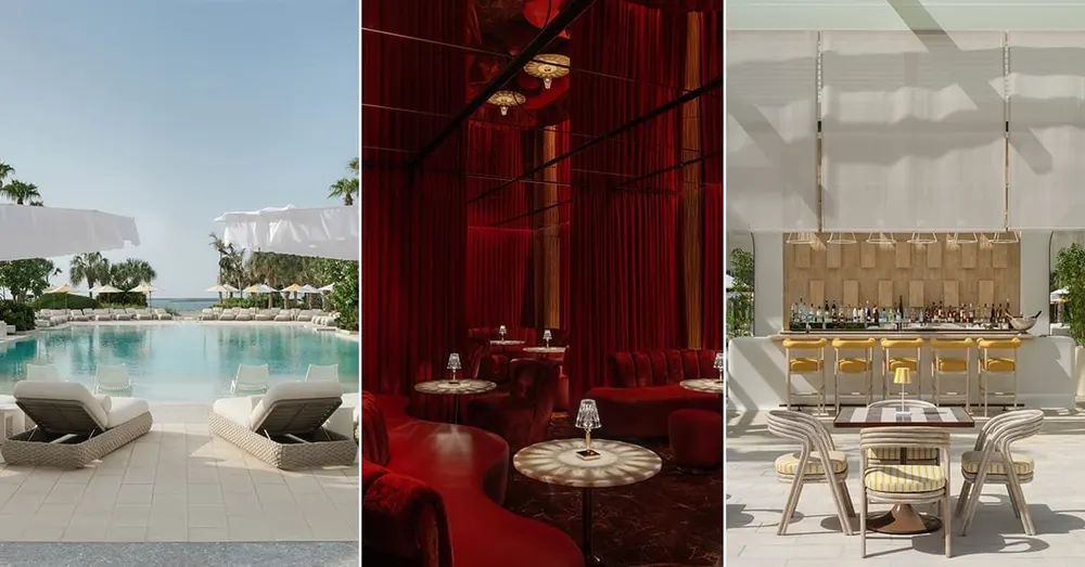 Collage di terrazza con piscina e interni di ristoranti