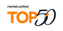 Top 50 achievement badge from Rentals United featuring orange and black logo design on transparent background