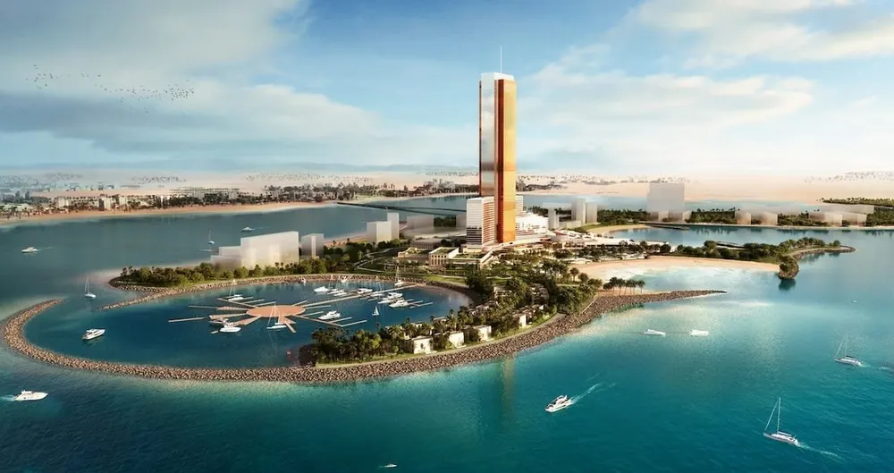 Architectural visualisation of an island resort and tall waterfront tower