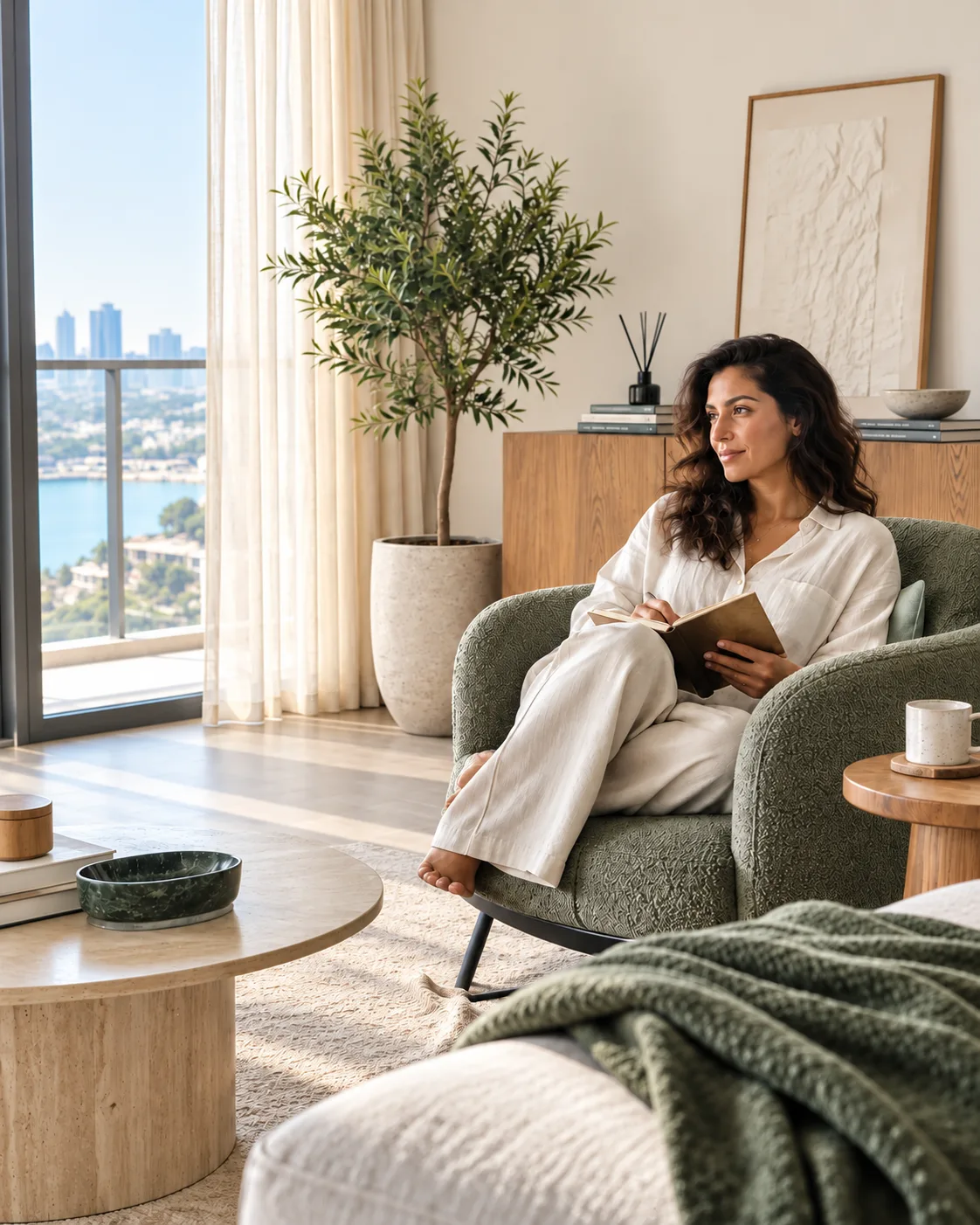 A homeowner relaxing in a softly lit Dubai apartment