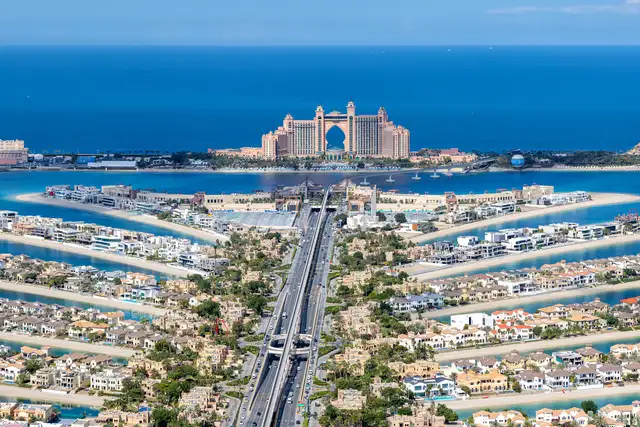 Aerial view of Palm Jumeirah and Atlantis in Dubai